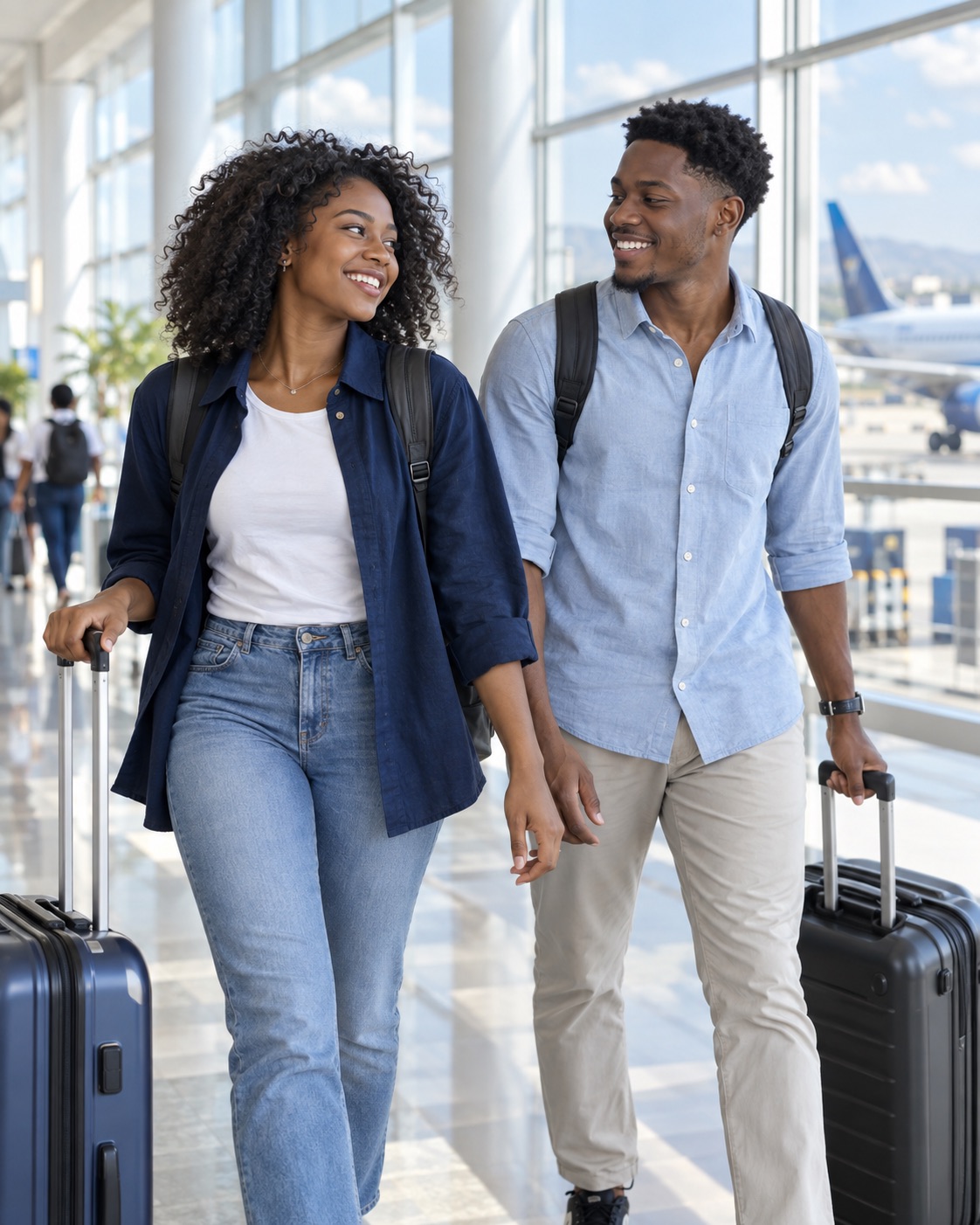 Two young travellers with luggage in a bright airport terminal